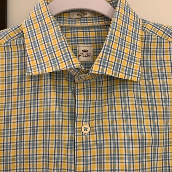 Peter Millar Cotton Long Sleeve Button Down Green Yellow Men’s Shirt Size L - Picture 6 of 11
